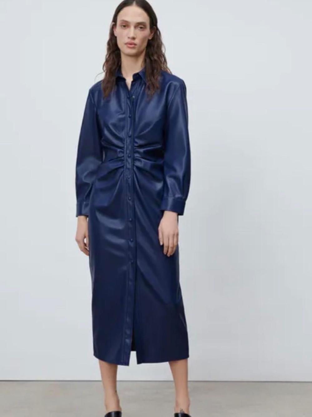 NWT Zara Faux Leather Blue Ruched Shirt Dress, Size M - Picture 4 of 9